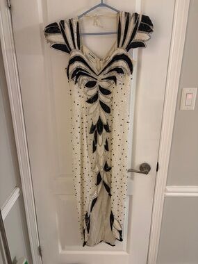 Vintage Embellished Ivory & Black Evening Midi Gown